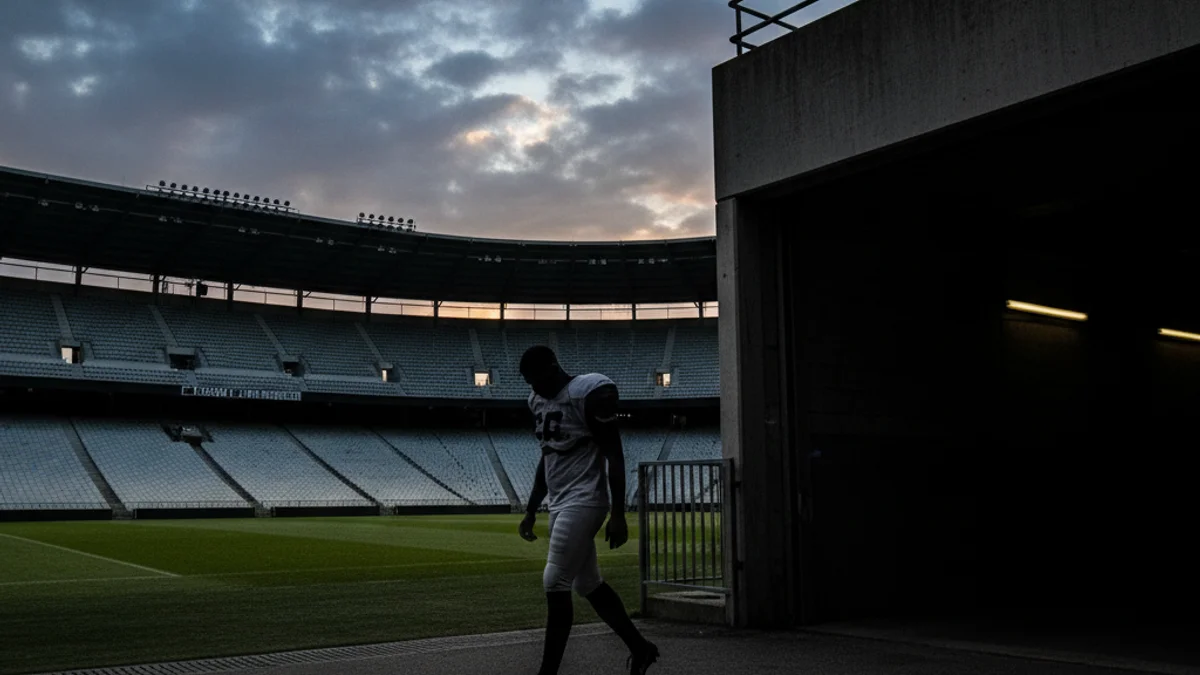 Un futbolista solitari caminant cap a un vestidor buit, simbolitzant la pressió i l'aïllament de l'esport d'elit.