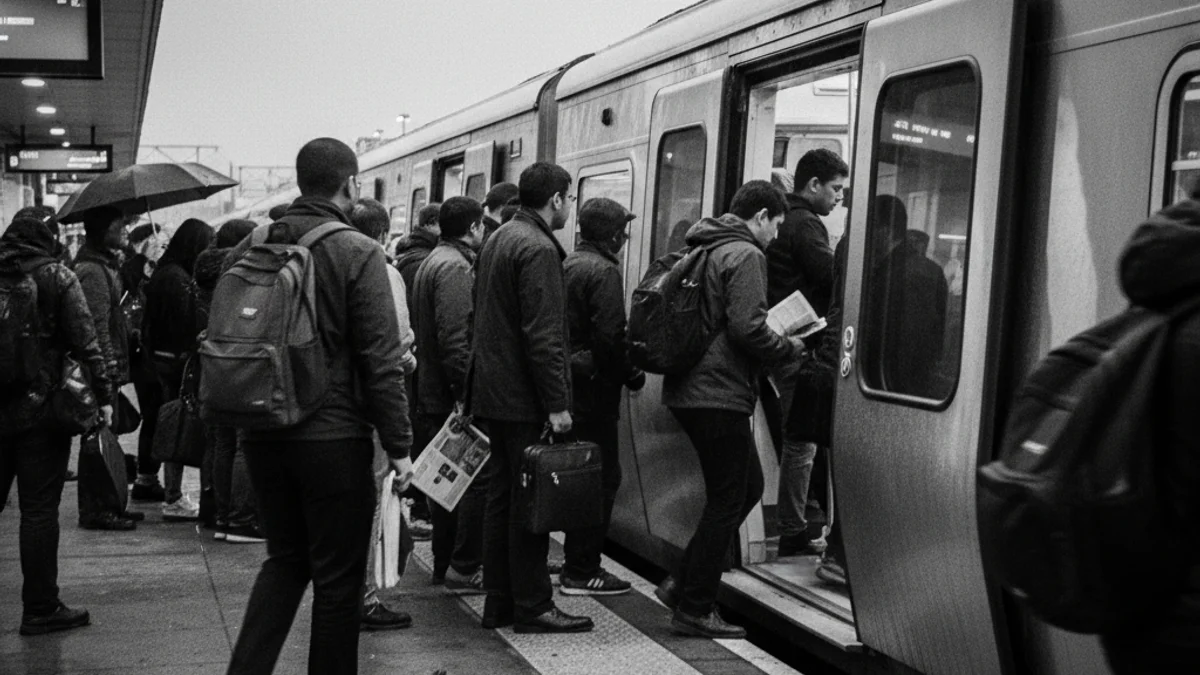 Imatge genèrica d'un tren de rodalies aturat en una estació, amb figures borroses de passatgers esperant.