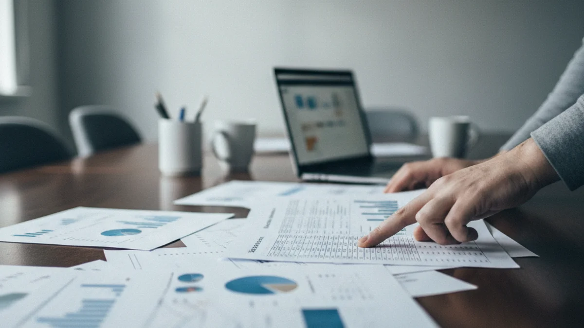 Representació genèrica d'una sala de juntes o d'una oficina bancària moderna, amb documents financers sobre una taula.