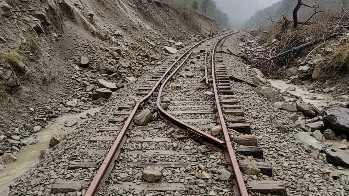 Imatge genèrica d'una via de tren amb terra i roques caigudes a causa d'una esllavissada.