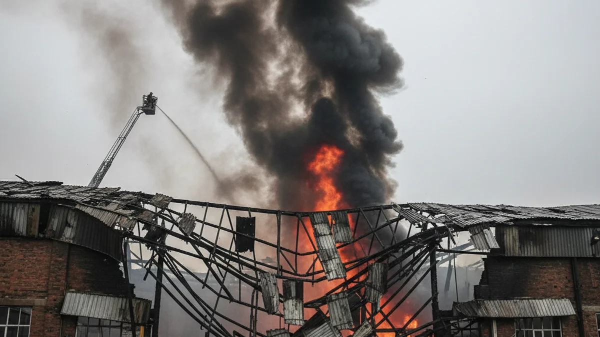 Imatge genèrica d'una nau industrial afectada per un incendi amb fum visible.