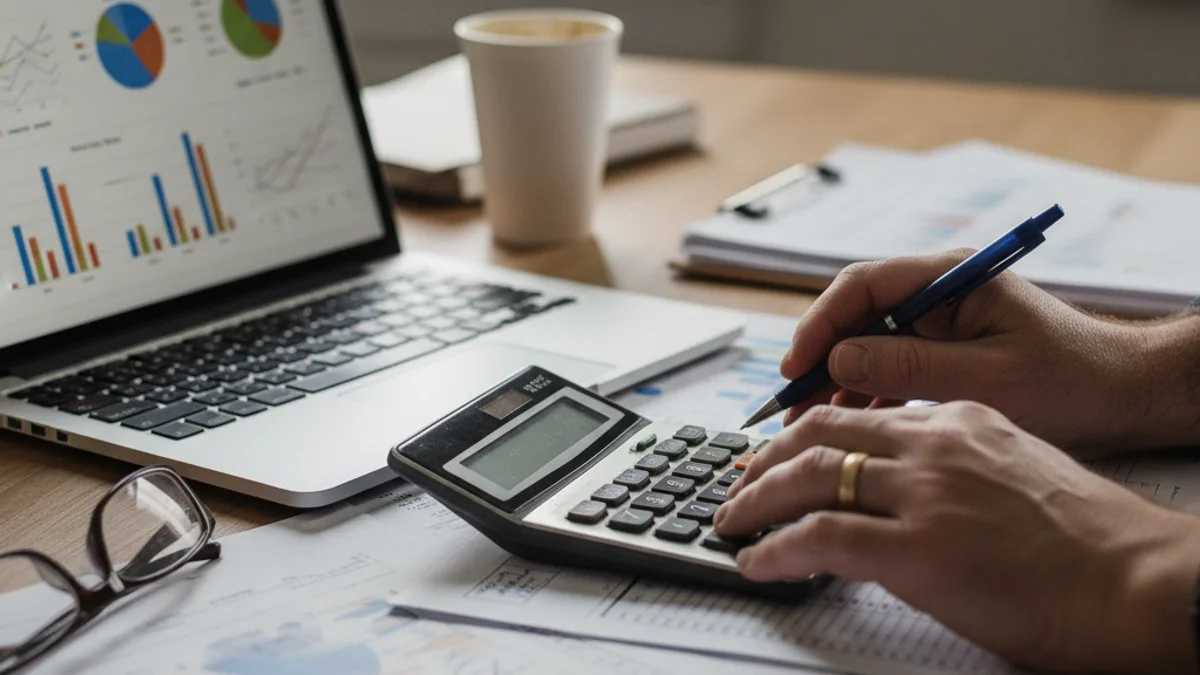 Una persona revisant documents financers i una calculadora sobre una taula, simbolitzant la gestió pressupostària.