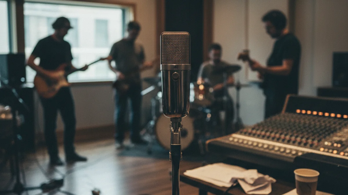 Retrat genèric d'una cantaora de flamenc en un estudi de gravació, amb un micròfon en primer pla.