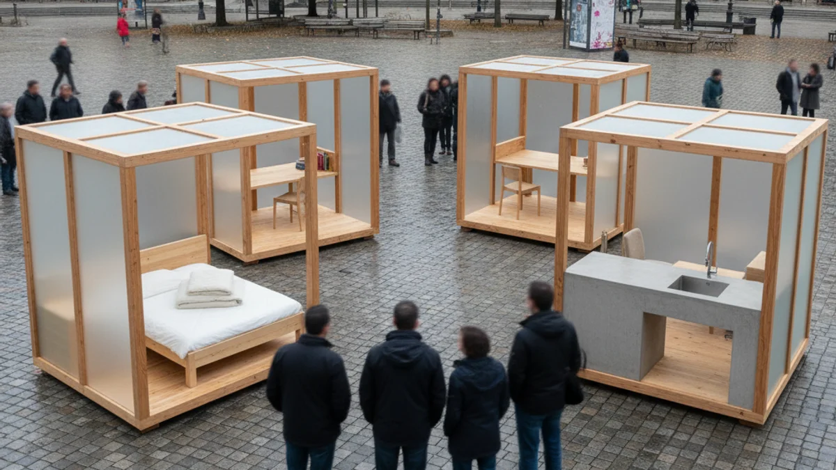 Descripció genèrica d'una instal·lació arquitectònica modular a l'aire lliure que representa funcions domèstiques.