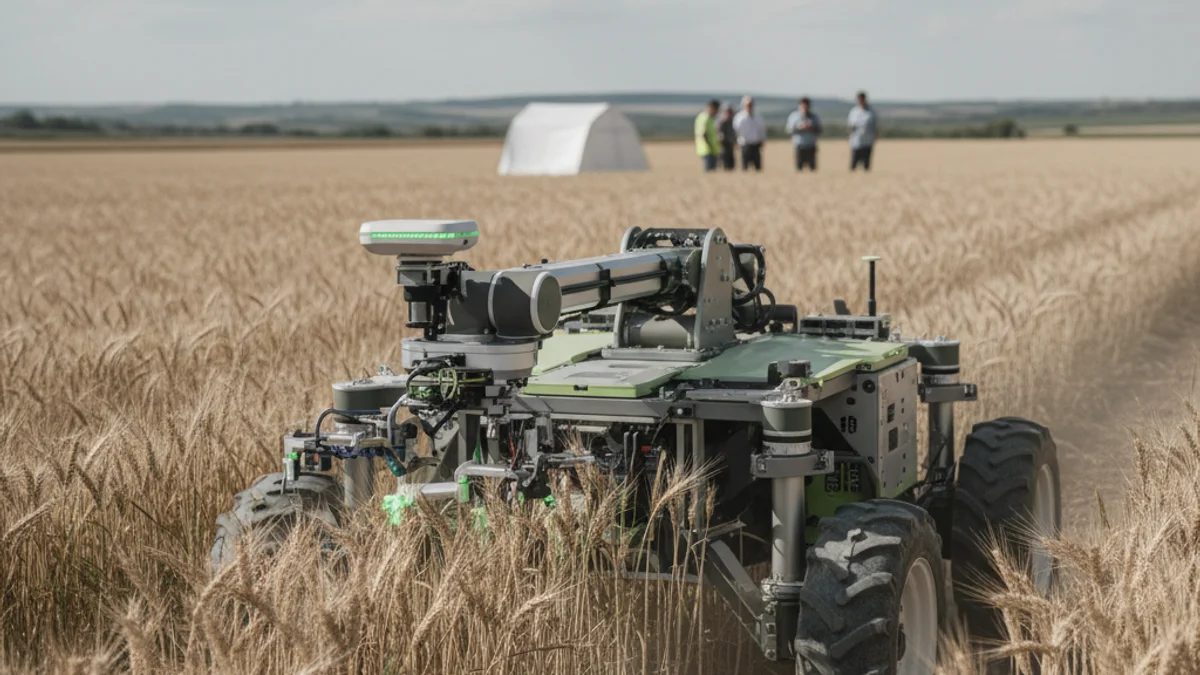 Imatge d'un robot agrícola autònom treballant en un camp de cultiu amb sensors i drons.