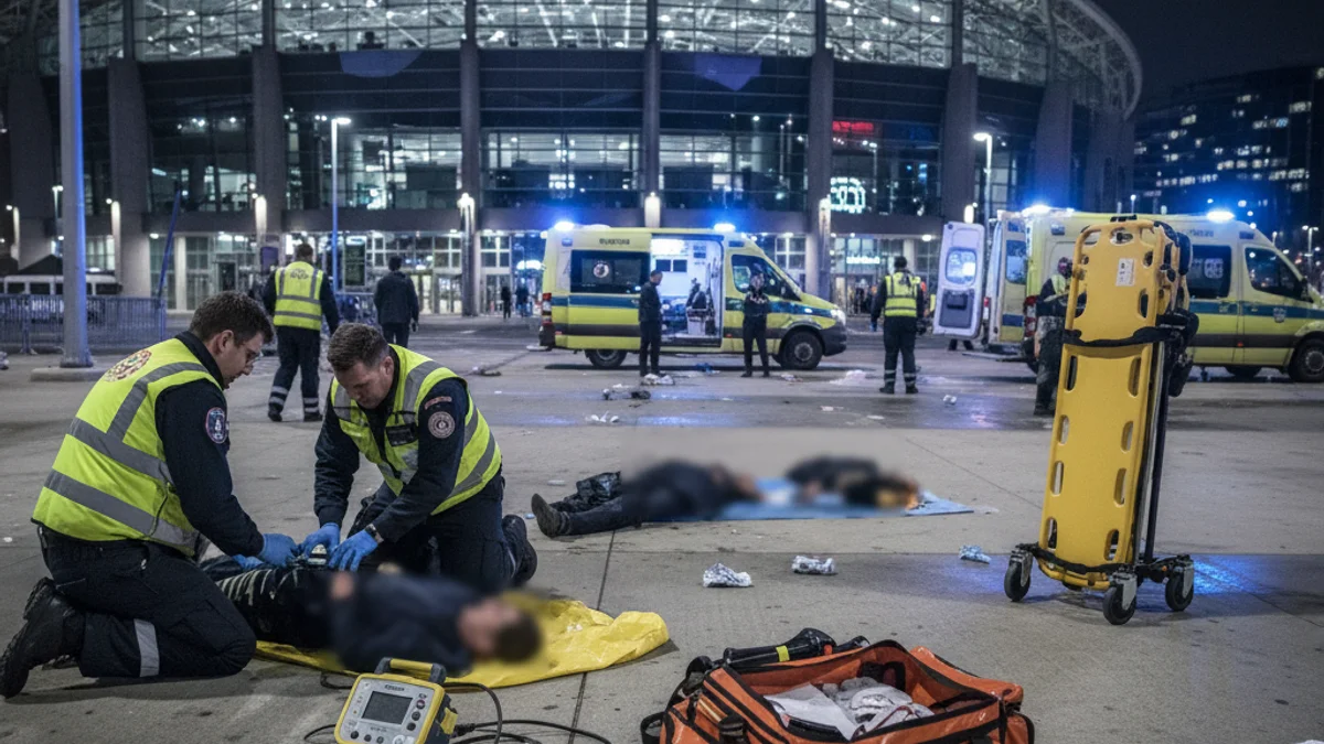 Personal d'emergències atenent persones amb mascaretes d'oxigen fora d'un recinte esportiu.