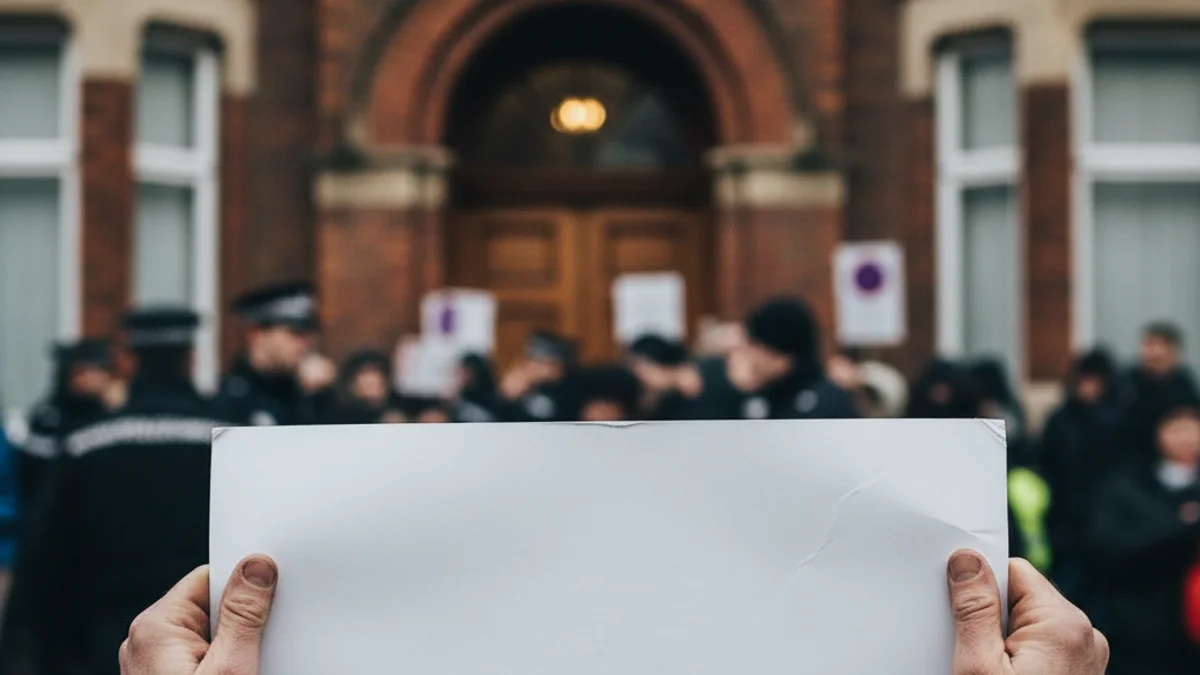 Imatge genèrica d'una protesta davant d'un edifici, amb focus en les mans dels manifestants.
