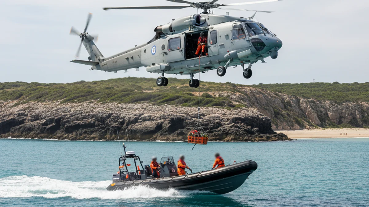 Imatge genèrica d'un exercici de rescat marítim amb un helicòpter sobrevolant una embarcació de salvament a la costa.