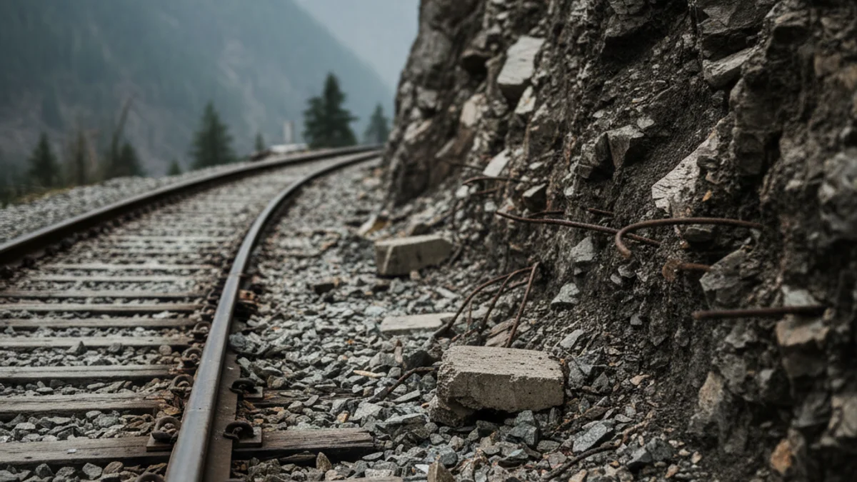 Imatge genèrica d'una via de tren amb balast i travesses, possiblement amb signes de deteriorament o prop d'una trinxera.