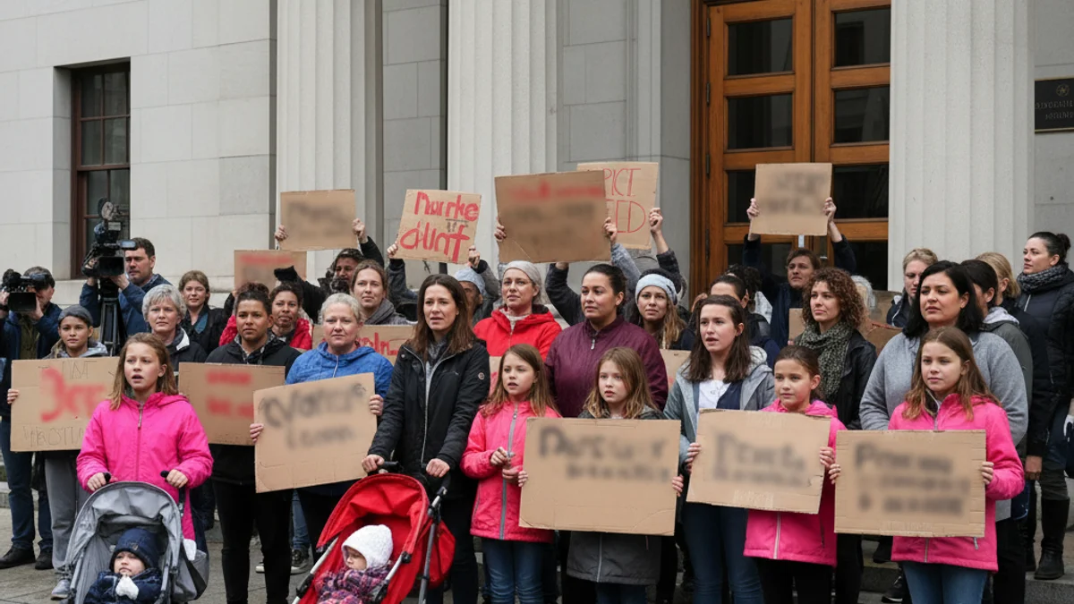 Imatge genèrica de pares i alumnes reunits a l'entrada d'un edifici públic durant una protesta.