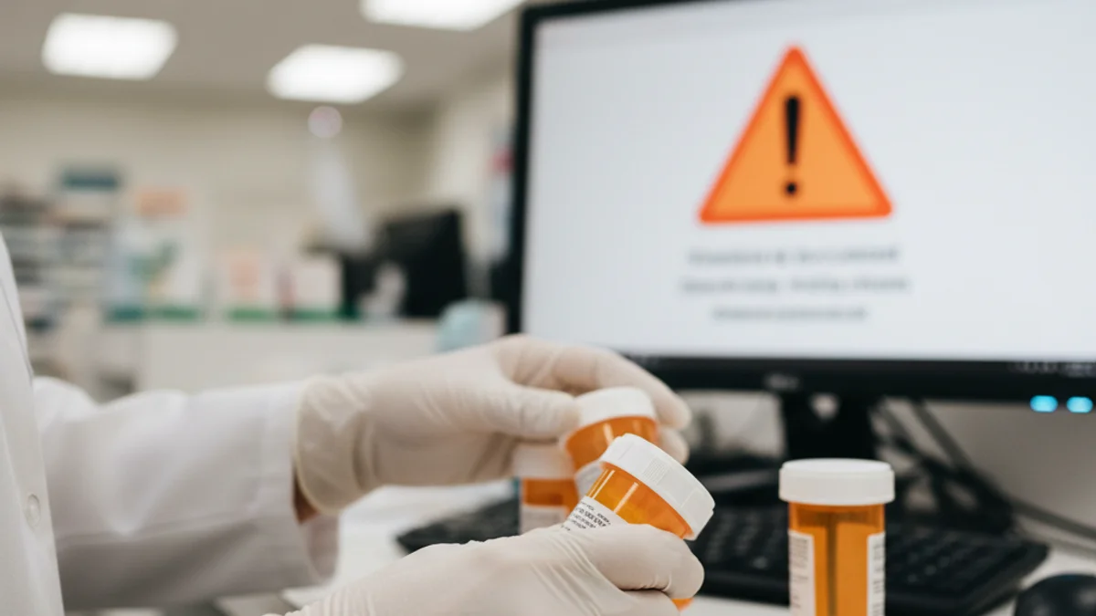 Imatge genèrica d'unes mans de farmacèutic manipulant medicaments amb un ordinador de fons que mostra una alerta.