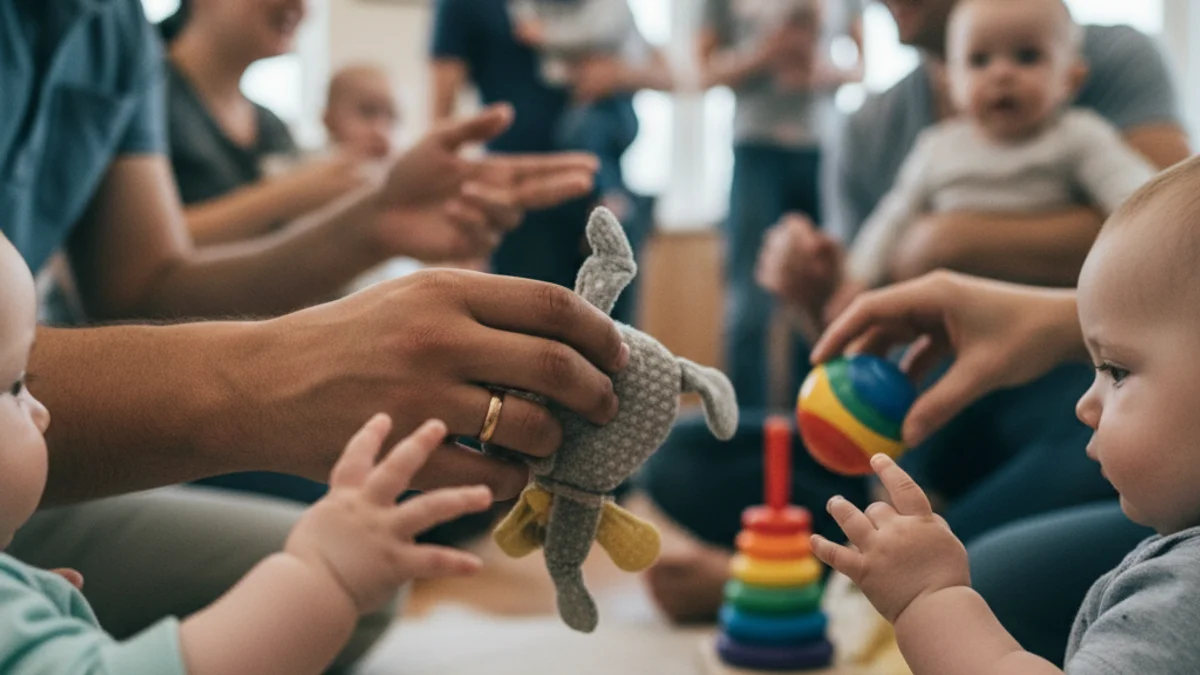 Imatge genèrica de mares i pares interactuant amb els seus nadons en un espai comunitari de suport a la criança.