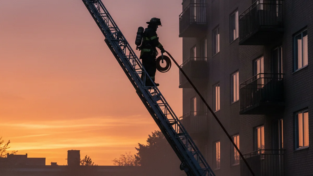 Imatge genèrica d'una operació de rescat nocturna amb bombers treballant en un balcó d'un edifici urbà.