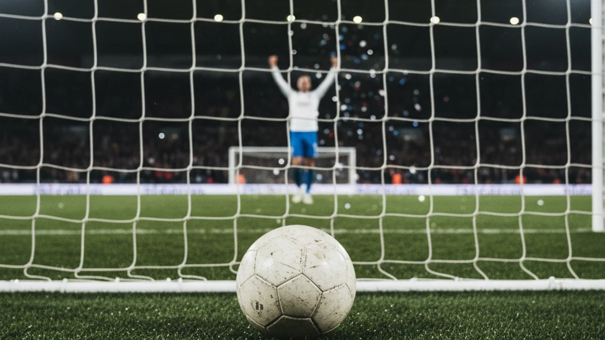 Imatge genèrica d'un camp de futbol durant un partit de nit, amb un jugador celebrant a la distància.