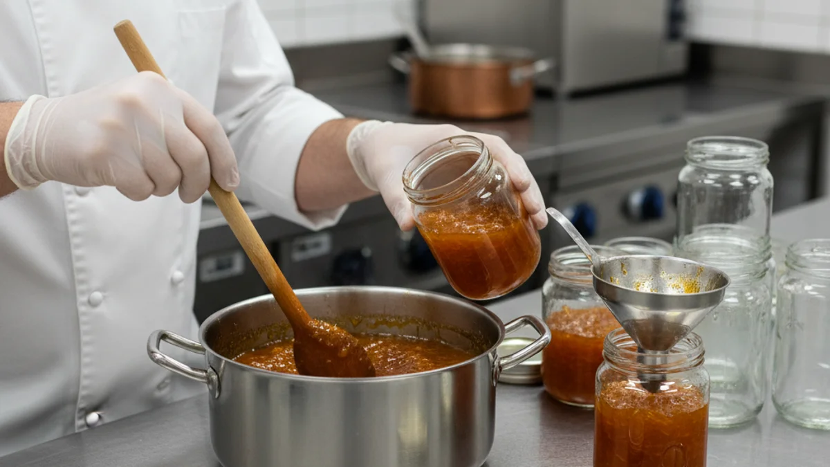 Image of a jar of bitter orange jam with a simple label, on a wooden table.