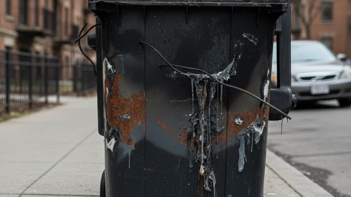 Imatge genèrica d'un contenidor de residus cremat o danyat en un entorn urbà.