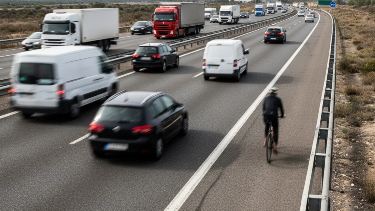 Imagen genérica de un ciclista circulando por el arcén de una autopista de tres carriles, con vehículos adelantando a gran velocidad.