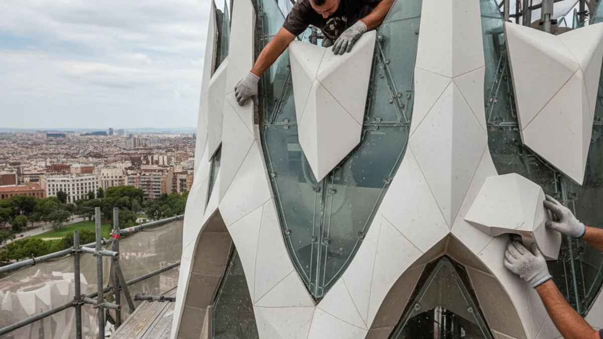 Imatge genèrica de l'estructura de la creu de la Torre de Jesucrist de la Sagrada Família en fase d'instal·lació.