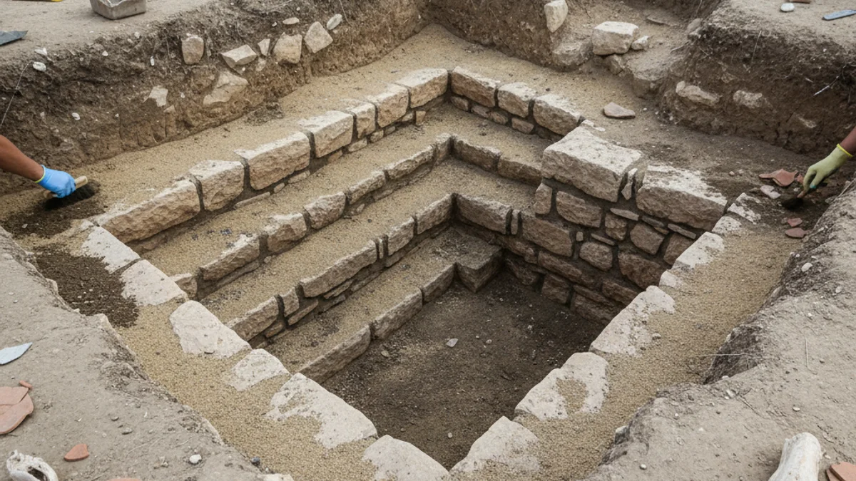 Imatge d'una excavació arqueològica on es veuen les restes d'una estructura de pedra subterrània amb esglaons.