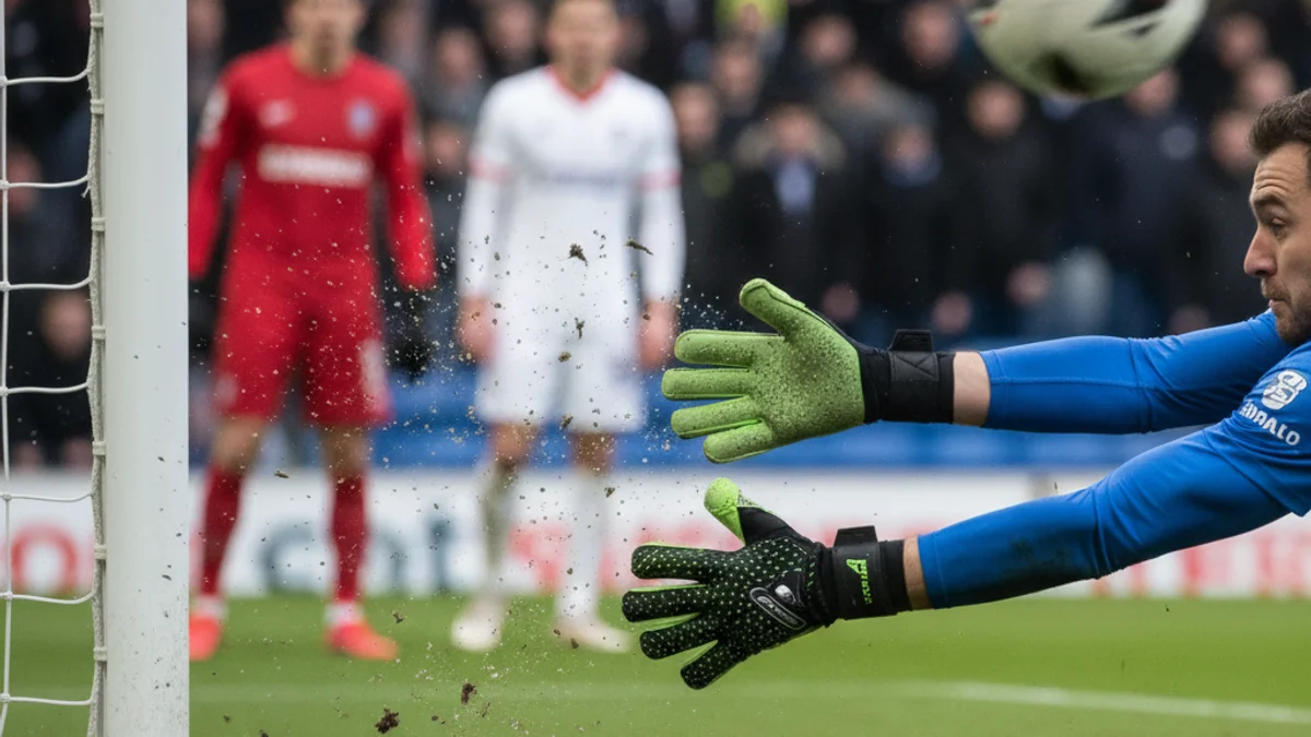 Imatge genèrica d'un porter de futbol fent una aturada decisiva en un partit de Copa.
