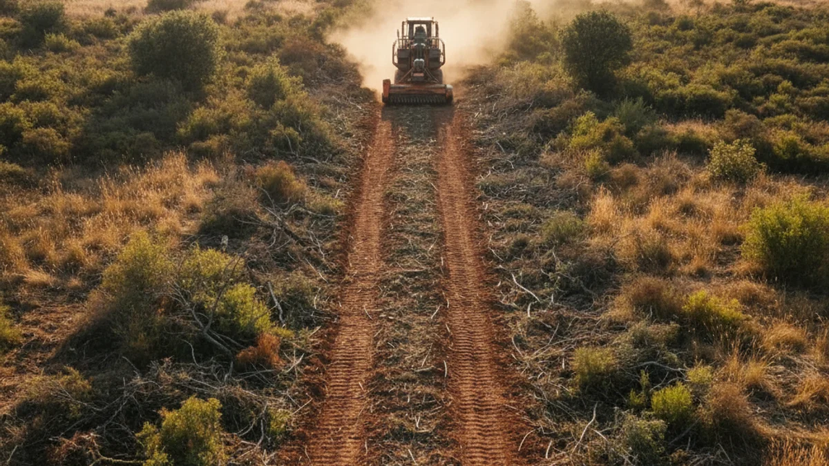 Maquinària pesada treballant en un camí forestal, triturant vegetació per crear una franja de seguretat contra incendis.