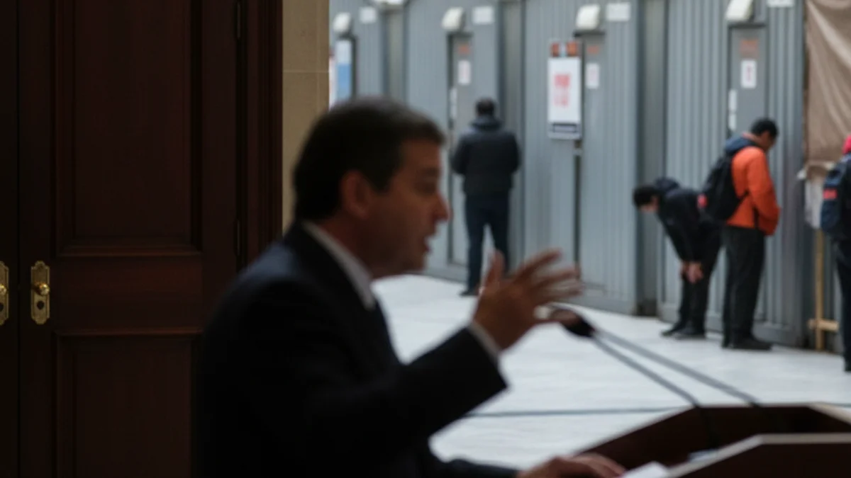 Silueta d'un polític parlant en un faristol amb un fons borrós que suggereix un edifici institucional o un espai d'allotjament temporal.