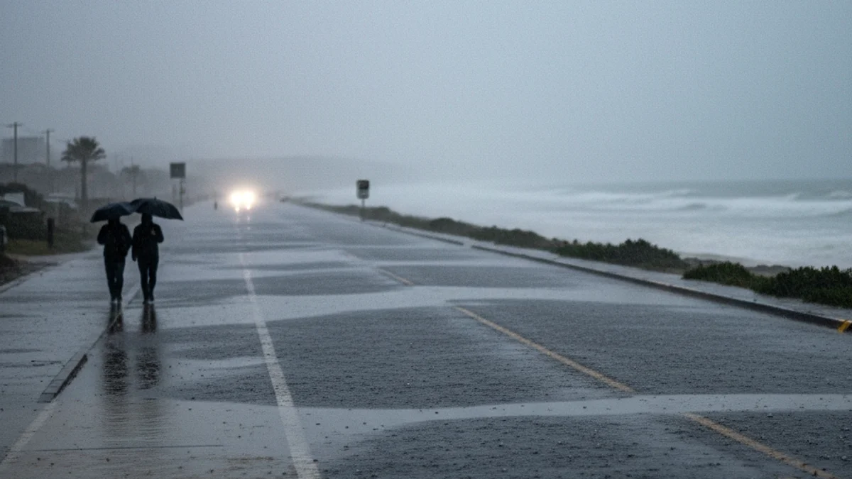 Imatge genèrica de pluja intensa caient sobre una zona costanera o urbana, amb el cel molt ennuvolat.