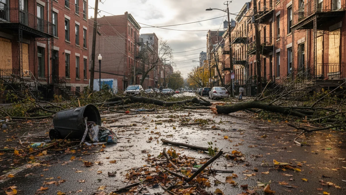 Imatge genèrica de restes de branques i fulles a un carrer després d'una tempesta de vent.