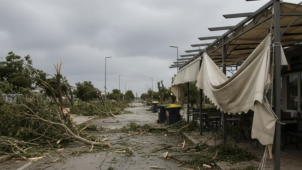 Imatge genèrica de restes de branques i mobiliari urbà caiguts en un carrer després d'un episodi de fortes ventades.