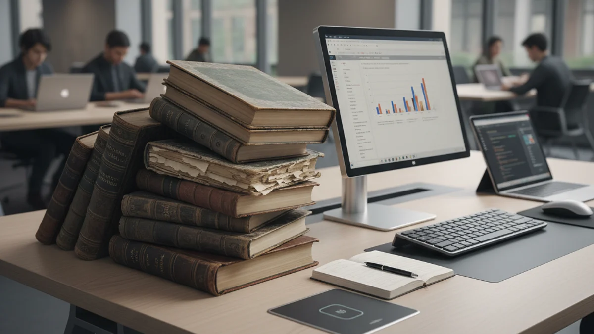 Imatge genèrica d'una pila de llibres acadèmics antics sobre un escriptori modern, simbolitzant el declivi del saber tradicional.