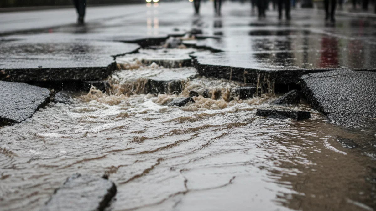 Imatge genèrica d'una carretera inundada amb aigua sortint d'una esquerda a l'asfalt.
