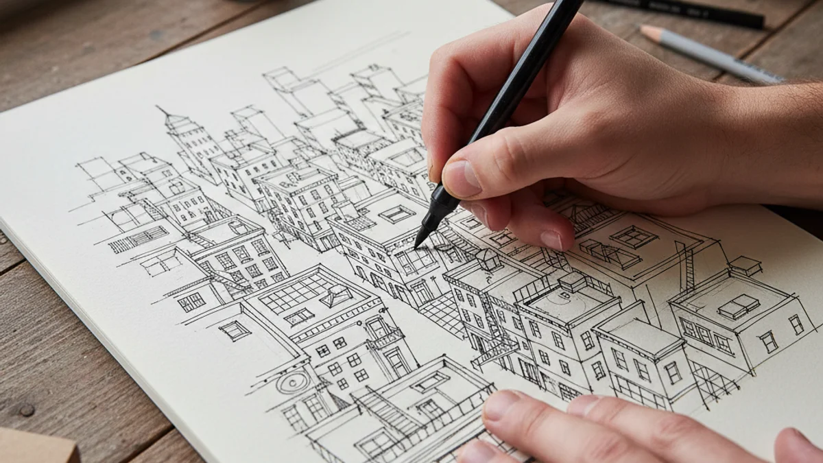 Il·lustració urbana feta amb retolador que mostra l'arquitectura i el bullici d'una ciutat.