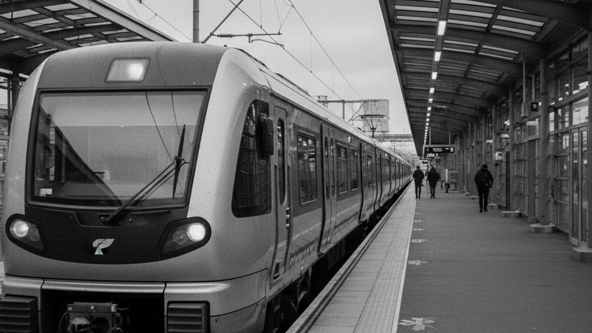 Representació visual genèrica d'un tren de rodalies aturat en una estació moderna.