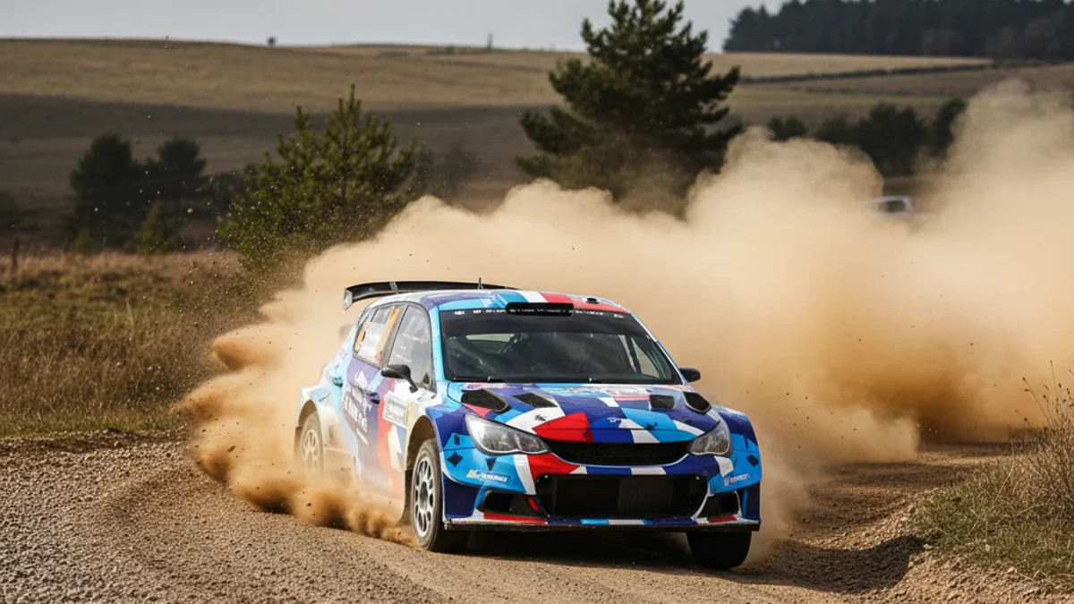 Imatge genèrica d'un cotxe de ral·lis (Ford Fiesta Rally3) competint sobre una pista de terra, aixecant pols.