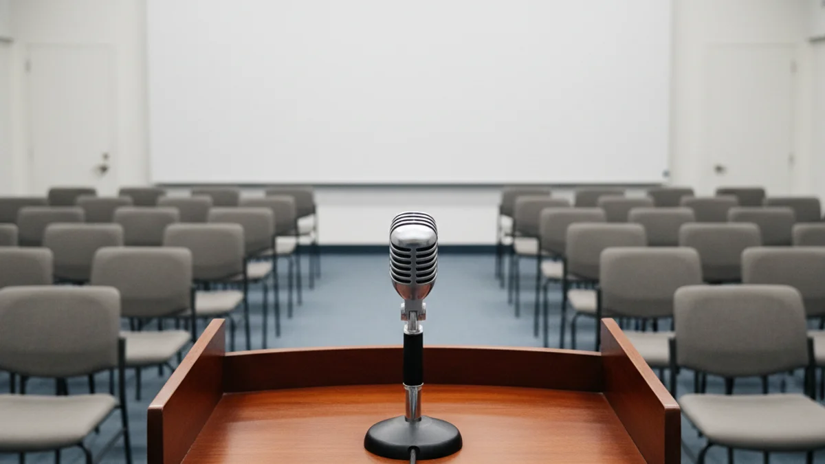 Micròfon en un faristol en una sala de premsa buida, simbolitzant declaracions polítiques.