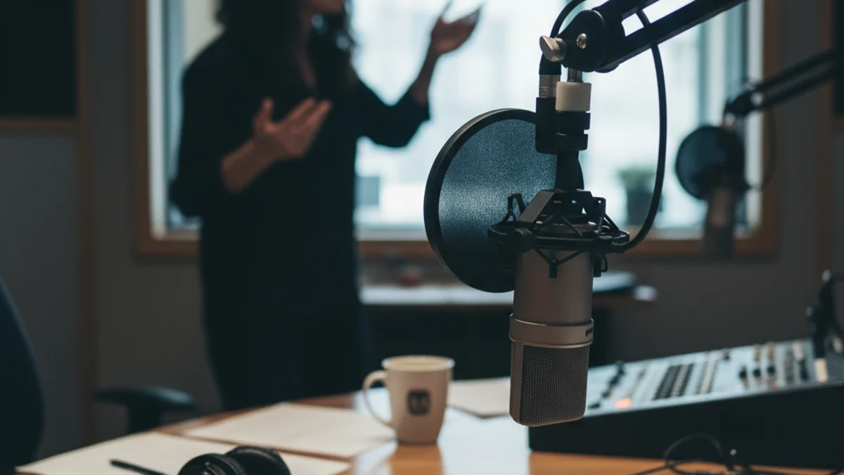 Una silueta femenina davant d'un micròfon en un estudi de ràdio, simbolitzant la comunicació i el talent.