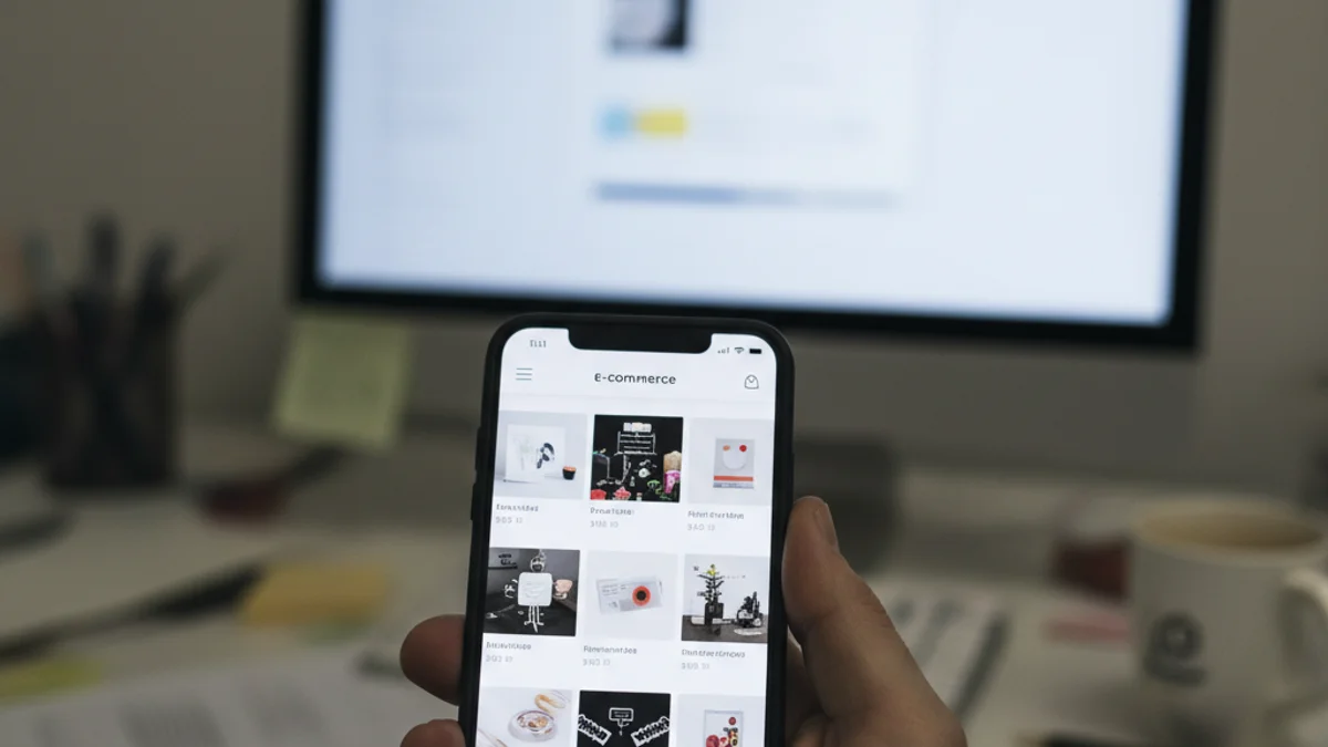 Representació visual de la interacció entre un telèfon mòbil i un ordinador, simbolitzant la transició del trànsit web a les aplicacions mòbils.
