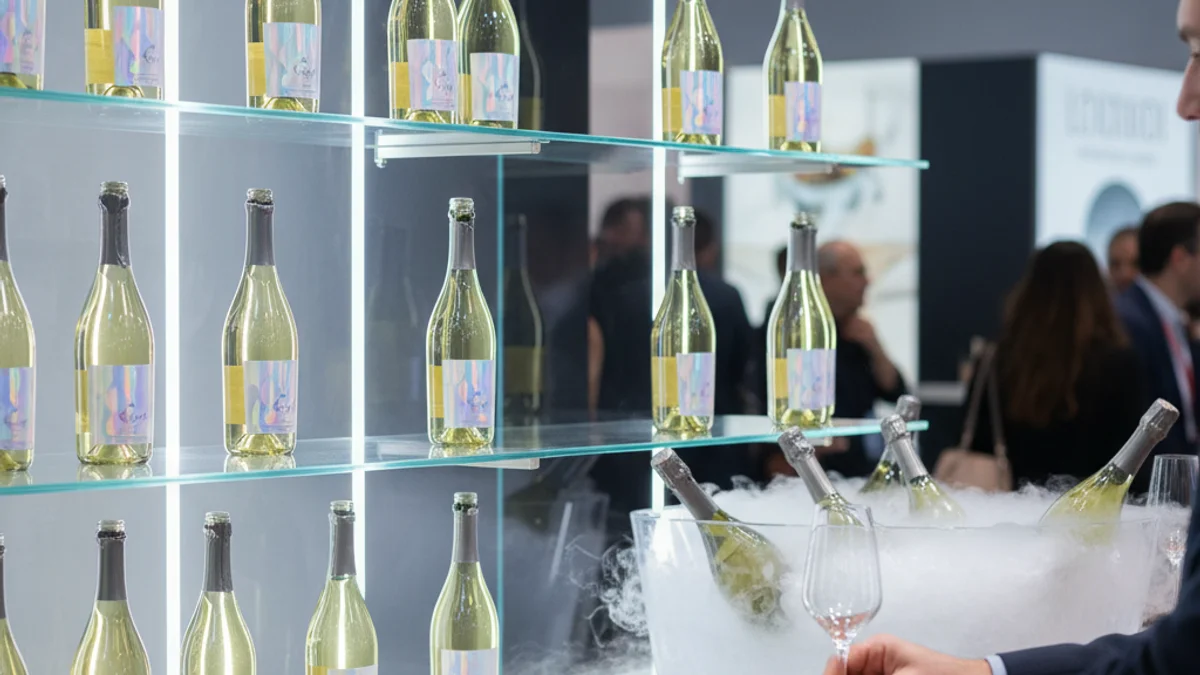 Ampolles de cava i vi escumós exposades en un estand professional durant una fira de vins.