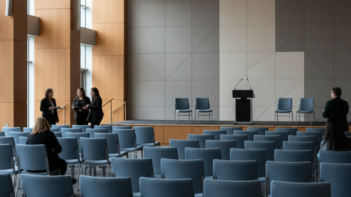 Una silueta de figures públiques parlant en un podi davant d'una audiència en un centre cívic.