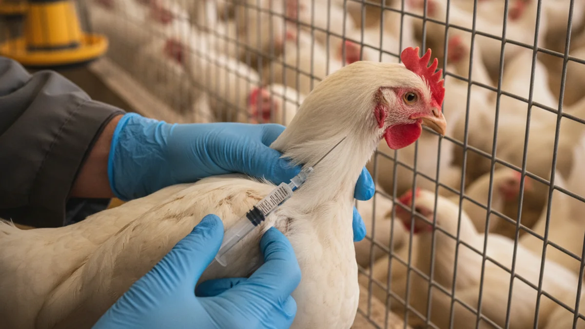 Imatge genèrica d'un treballador administrant una vacuna a una au en una granja avícola comercial.
