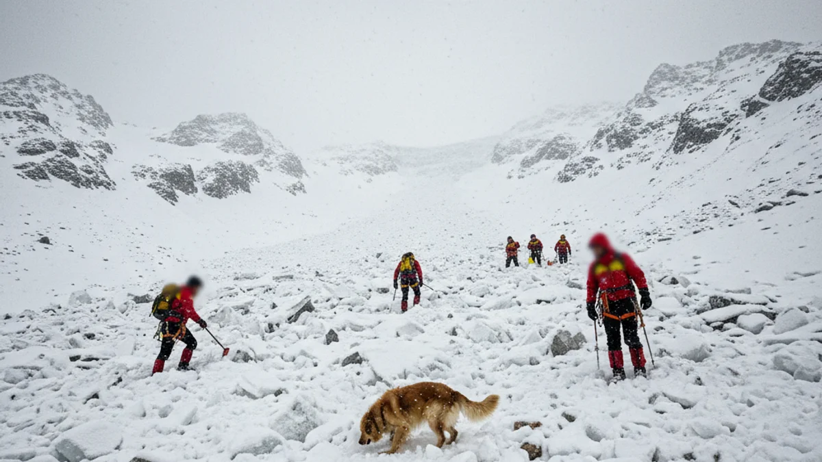 Imatge genèrica d'equips de rescat treballant en un camp d'enderrocs d'una allau a la muntanya.