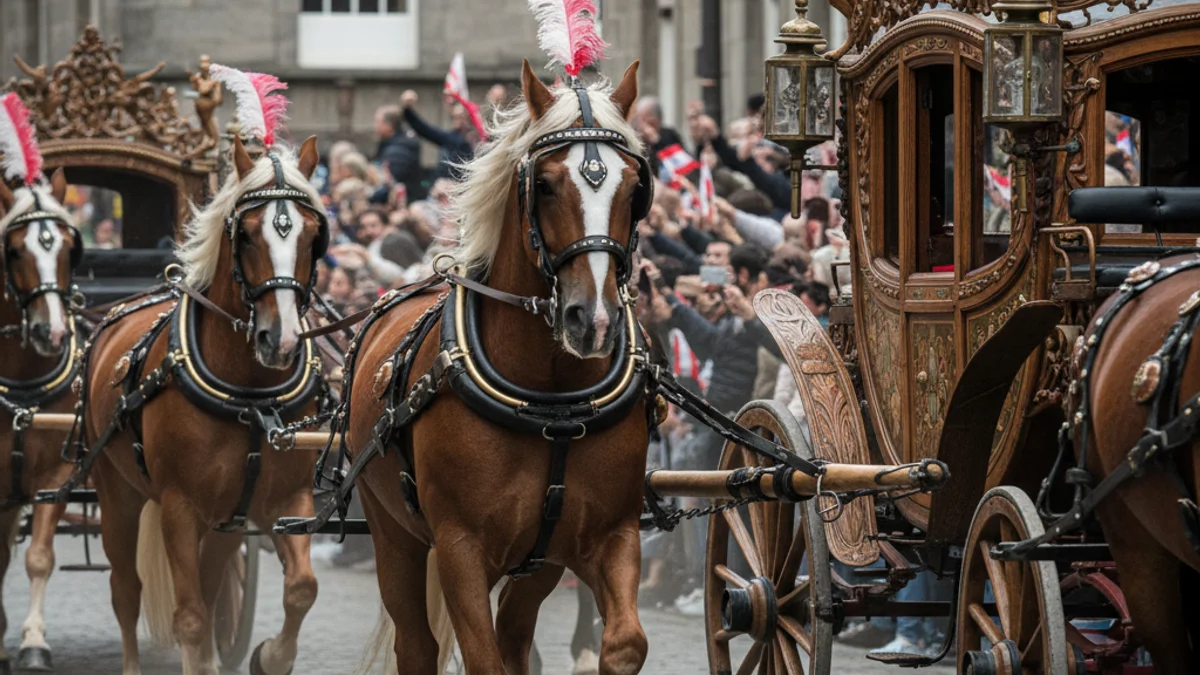Cavalls engalanats estirant un carruatge antic durant una desfilada tradicional en un carrer empedrat.