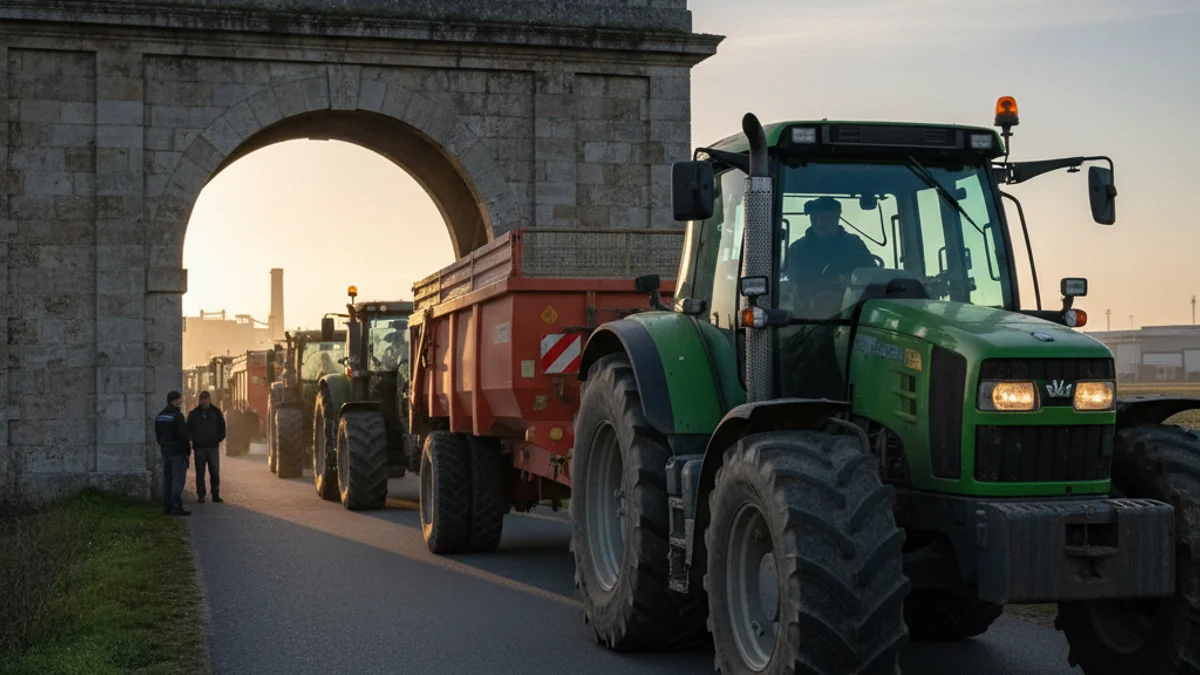 Vista d'una columna de tractors abandonant una zona de protesta a primera hora del matí.