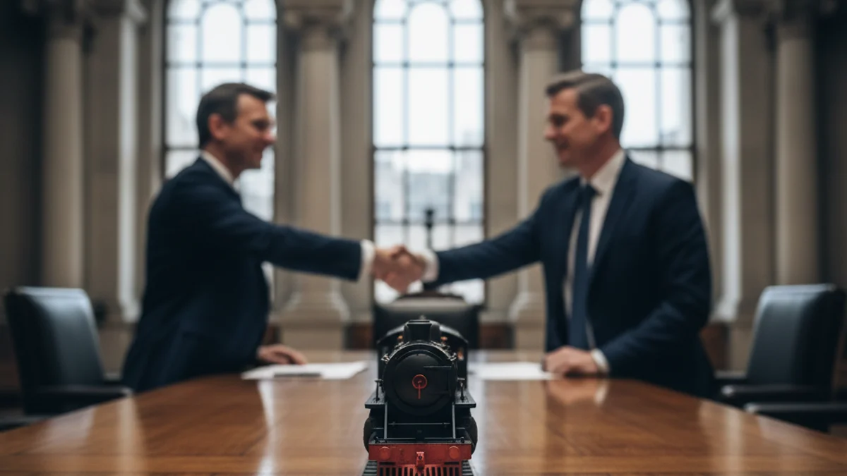 Representació visual genèrica d'una reunió institucional entre alts càrrecs governamentals sobre infraestructures ferroviàries.