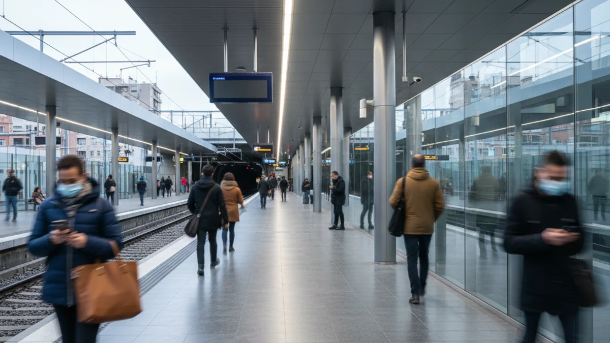 Imatge genèrica d'una estació de tren de Rodalies a Catalunya amb figures borroses de viatgers.