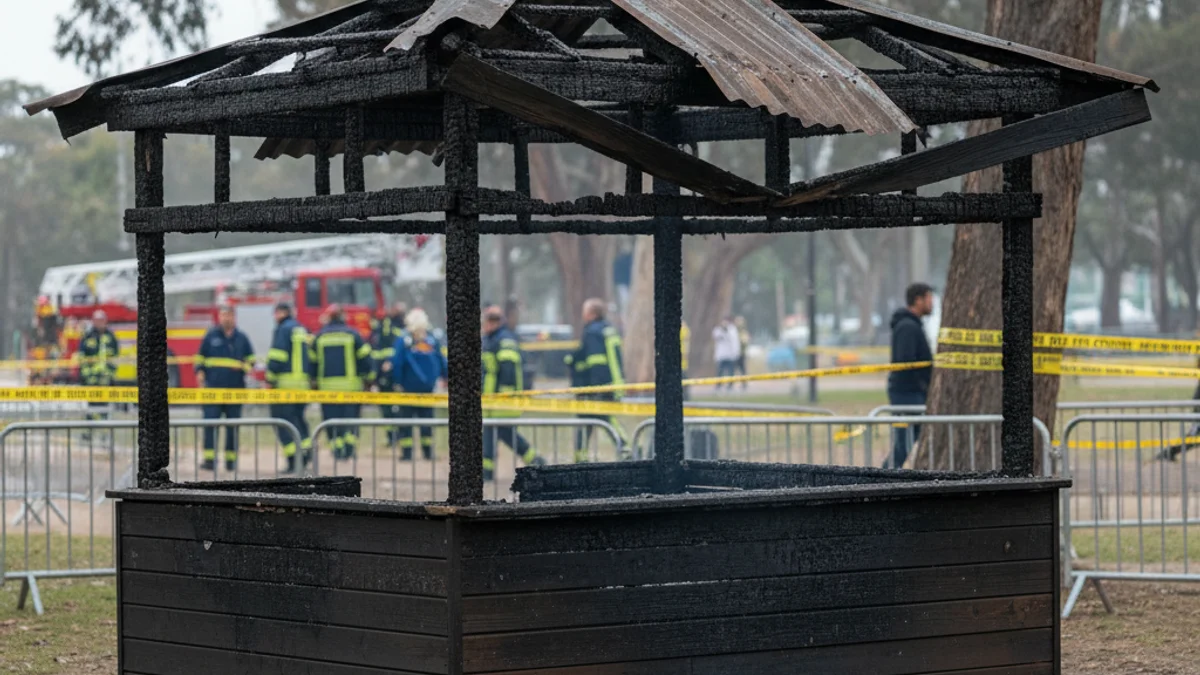 Imatge d'una guingueta o quiosc cremat en un parc, amb restes de fum i cinta policial.