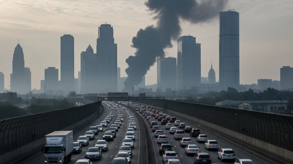 Imatge genèrica d'una carretera urbana amb trànsit intens i fum a la distància, sense vehicles identificables.