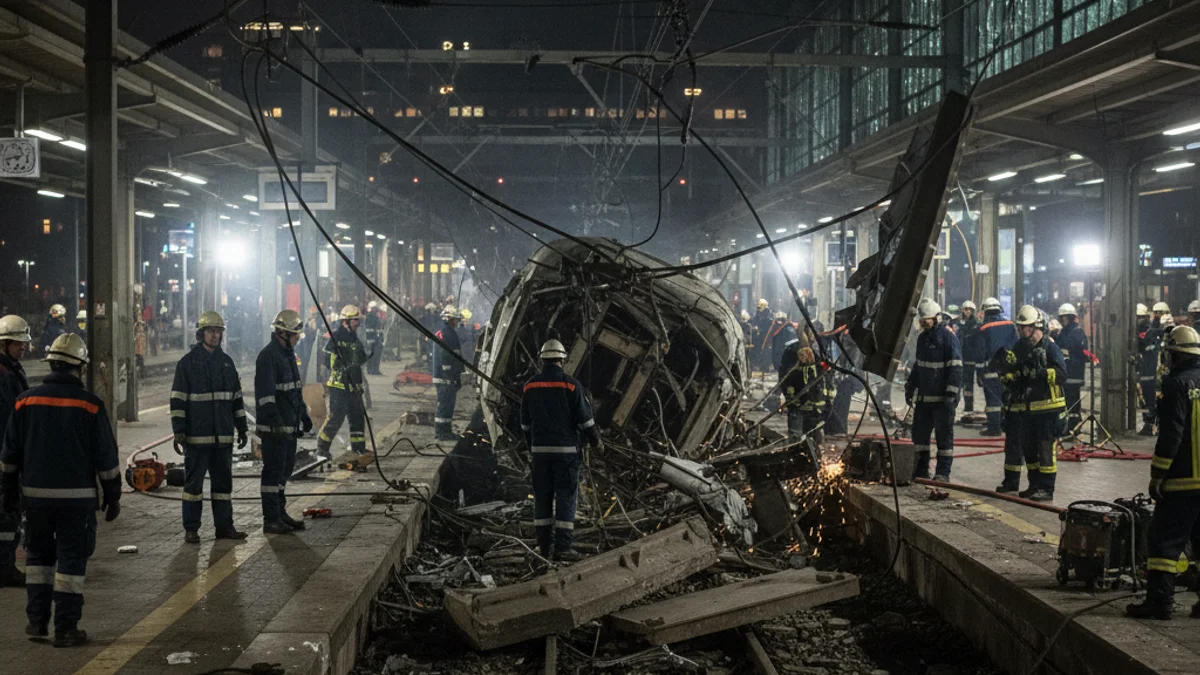 Imatge genèrica d'una estació de tren de nit amb llums d'emergència i personal tècnic treballant prop d'una via.