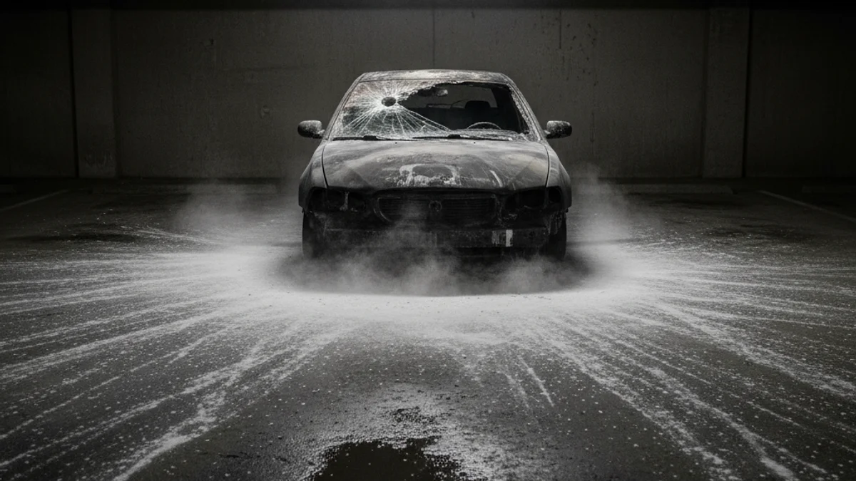 Vehicle cremat dins d'un aparcament subterrani, amb restes de fum i extintors.