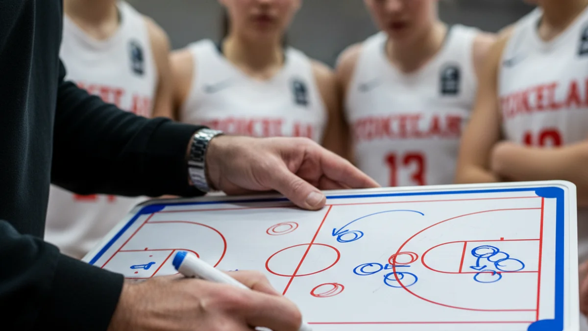 Imatge genèrica d'una pissarra tàctica de bàsquet amb les mans d'un entrenador dibuixant una jugada.